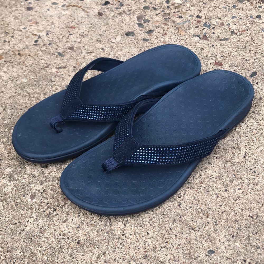 Vionic Rhinestone Flip Flop Sandals Navy Blue Thong Sandals Women's Size 9